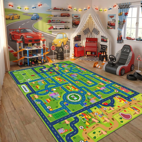 yongjoy front view of road map rug showing city layout and play benefit