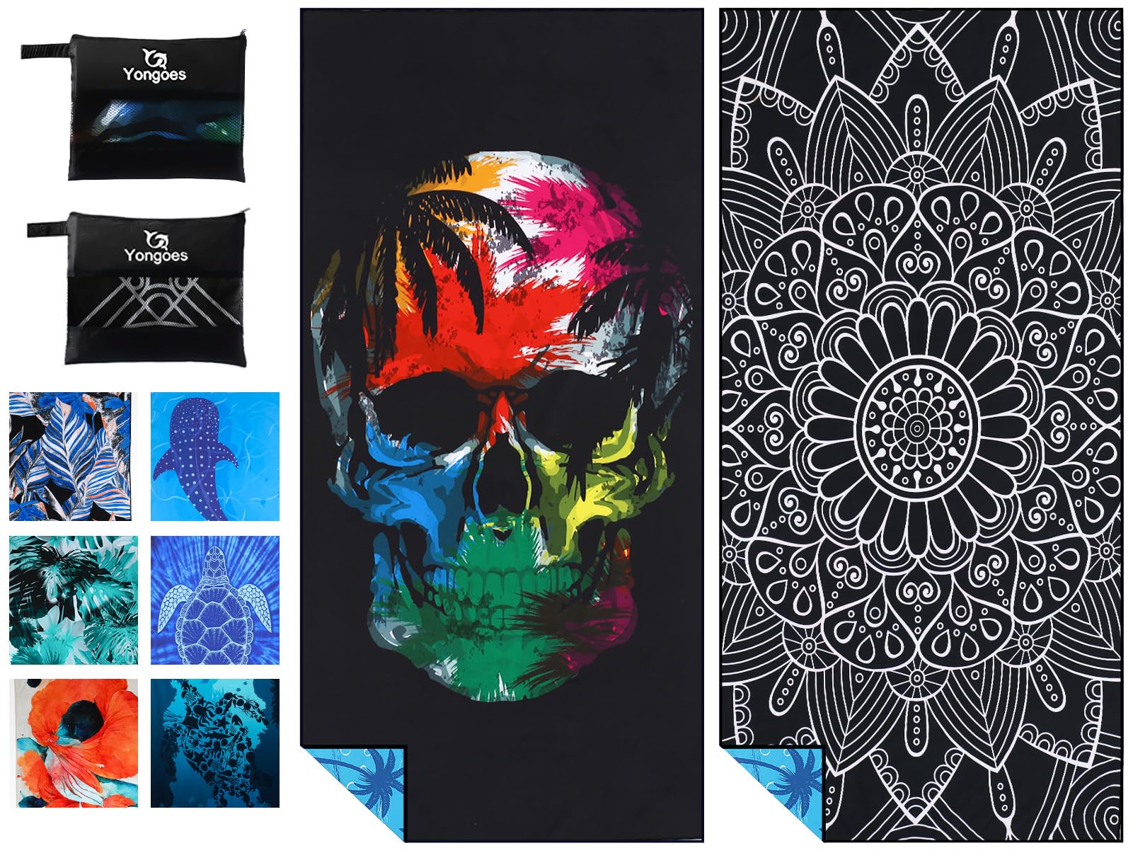 Yongoes front view black skull mandala towel shows bold design and full coverage