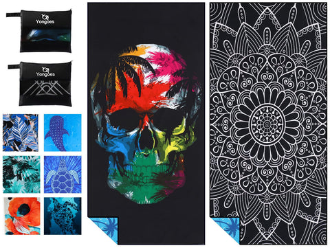 Yongoes front view black skull mandala towel shows bold design and full coverage