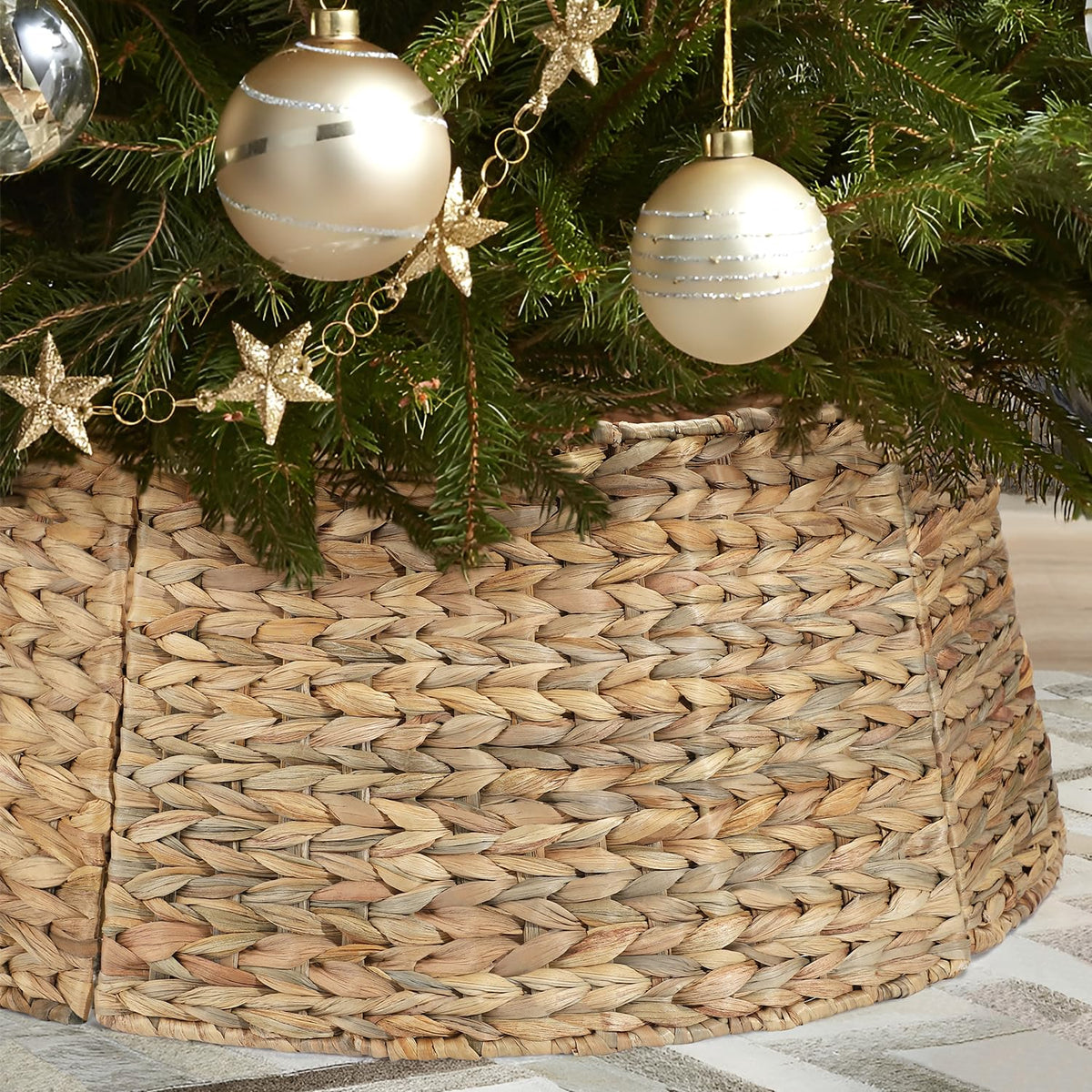 Yonsya front view of rattan tree collar showing tidy rustic base benefit