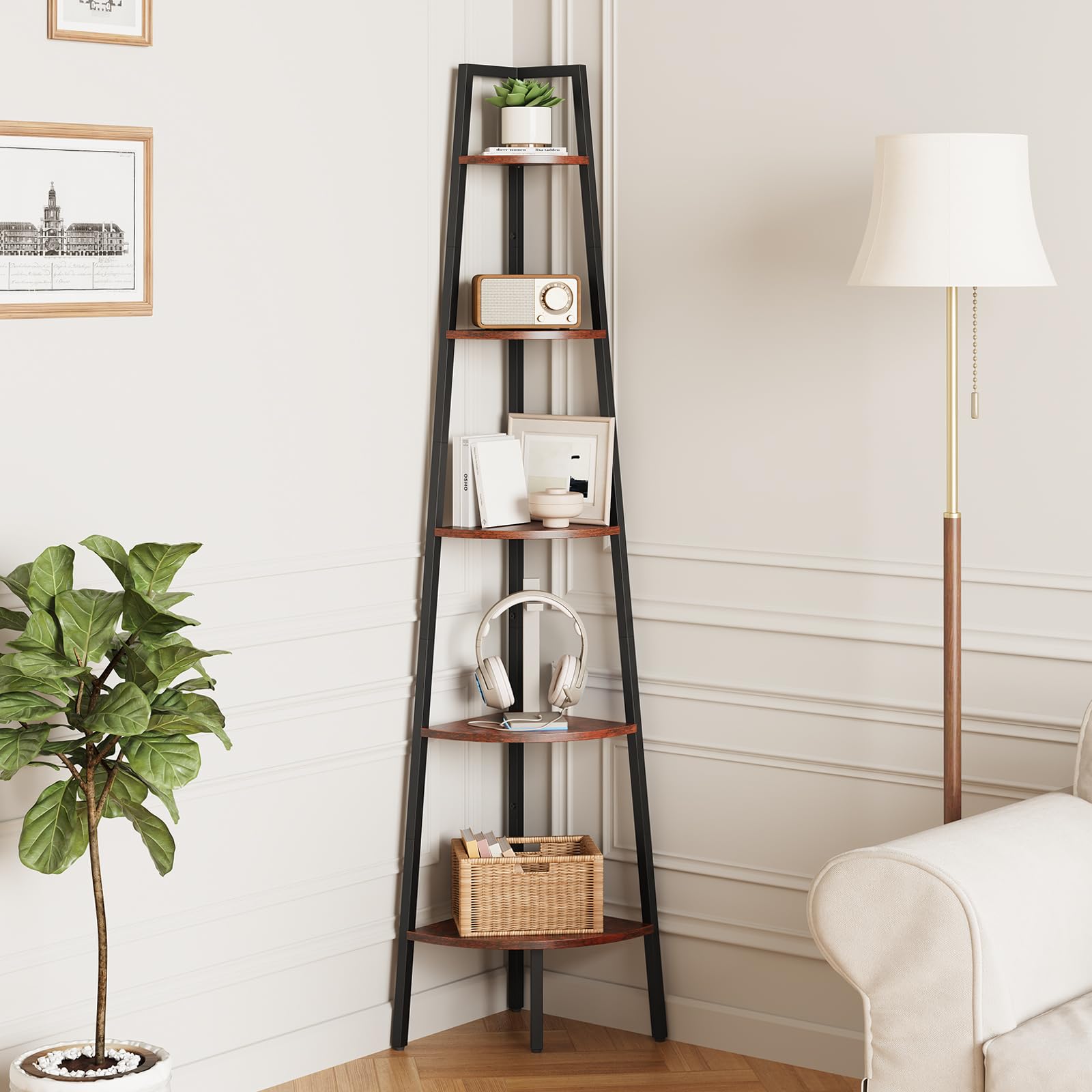 Yoobure front view corner shelf showing overall storage and space-saving benefit