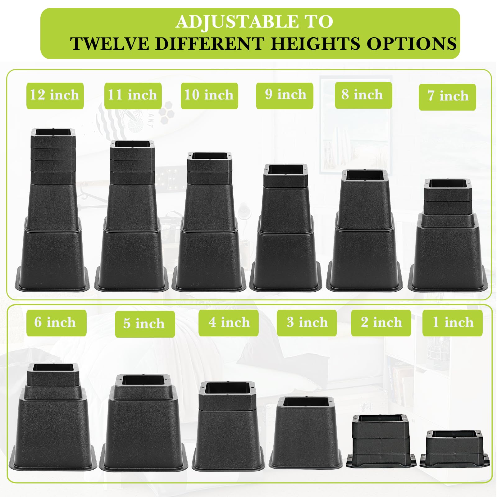 Yookwutar risers next to ruler showing exact 1–12 inch adjustment options