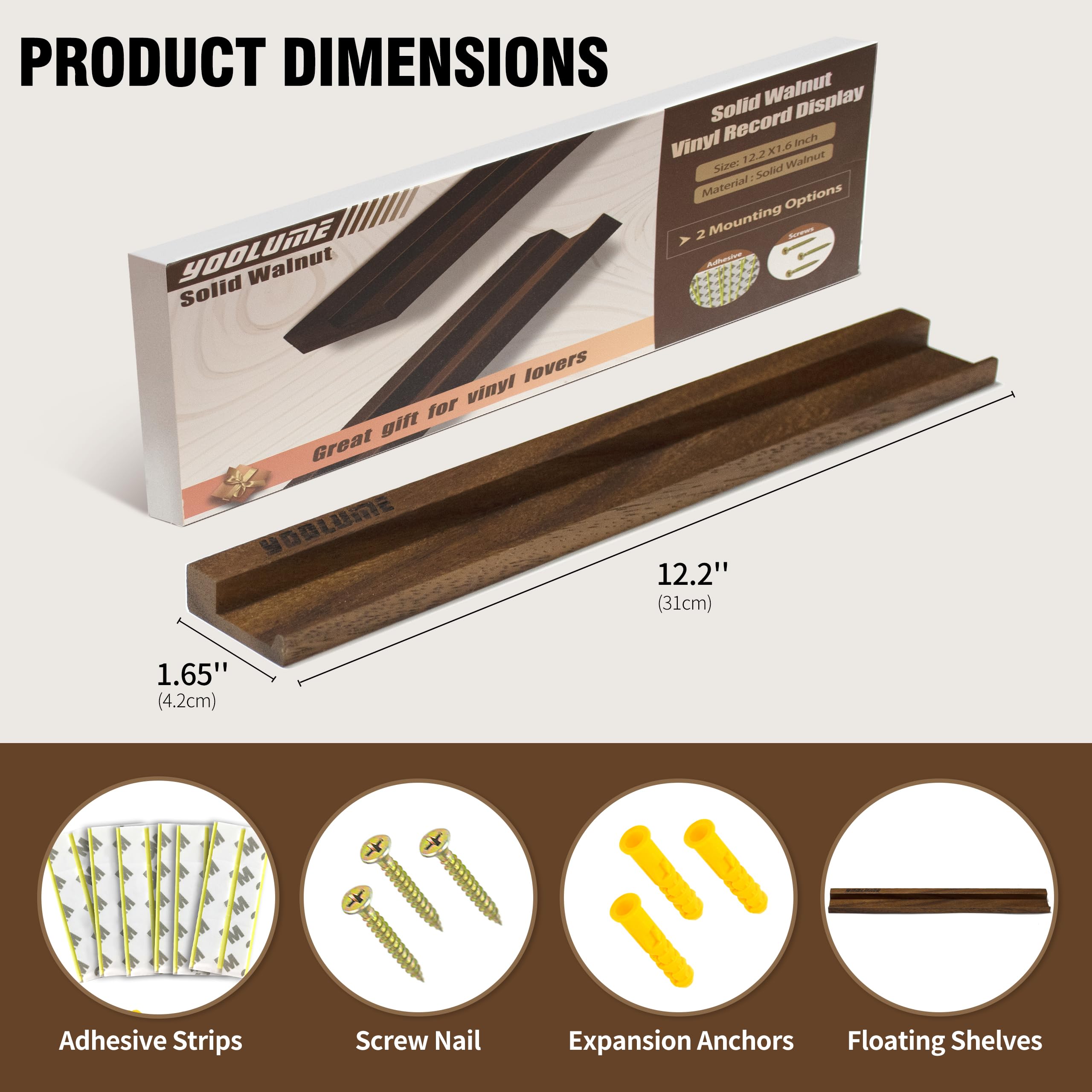 Yoolume adhesive strip installation detail demonstrating no-drill mounting benefit for renters