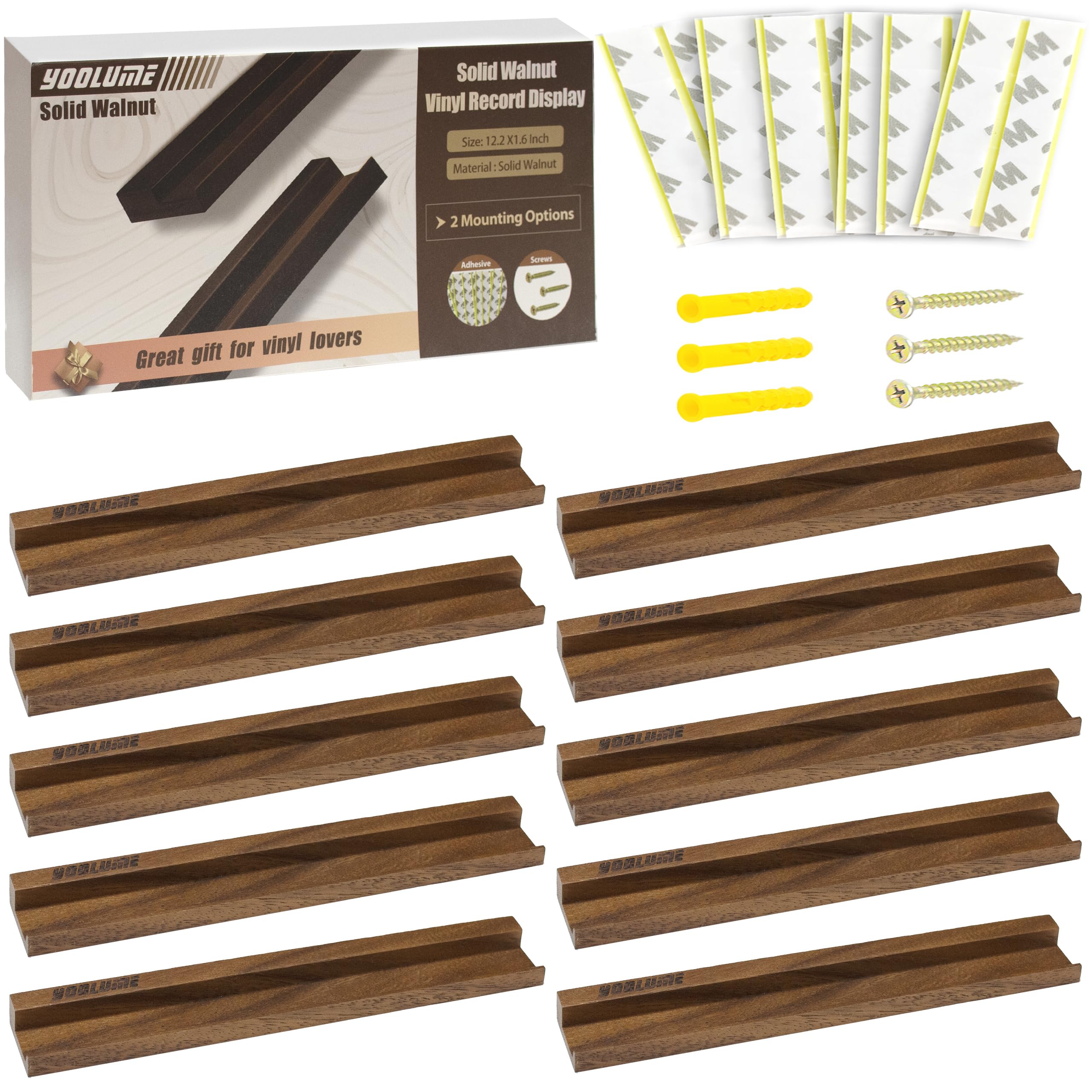 Yoolume front packaging showing ten walnut floating shelves and gift box benefit display-ready