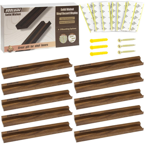 Yoolume front packaging showing ten walnut floating shelves and gift box benefit display-ready