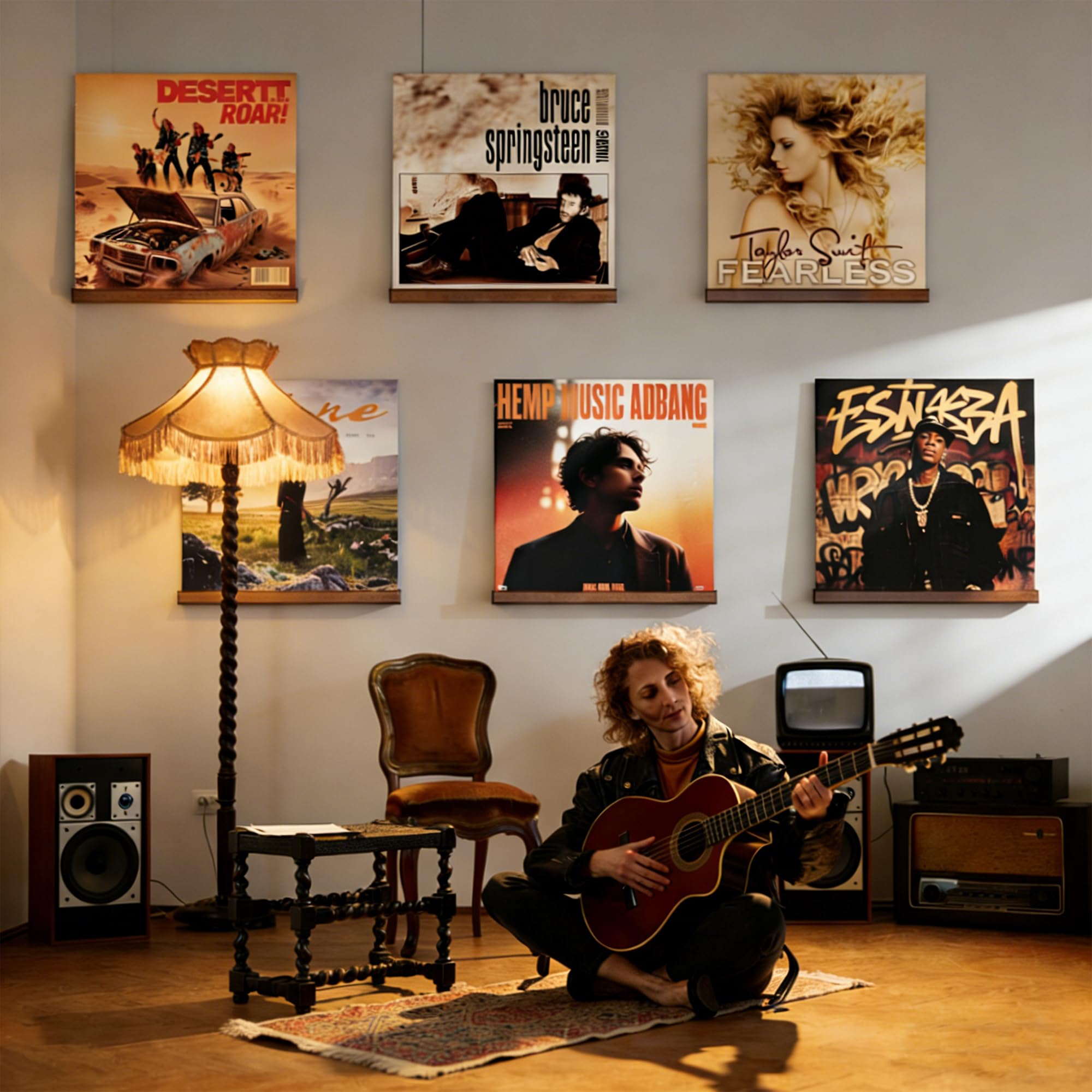 Yoolume multi-shelf wall gallery lifestyle showing dramatic album display and room impact