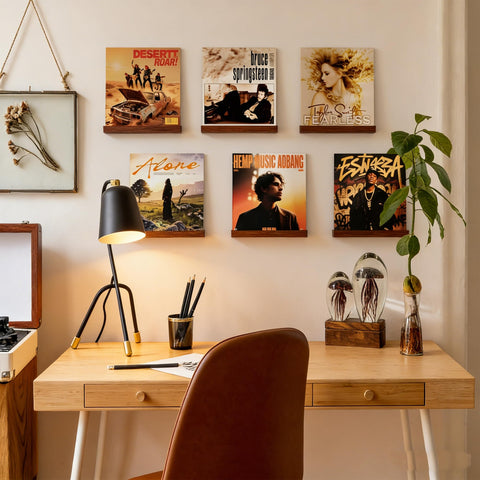Yoolume shelf holding a vinyl LP front-facing demonstrating easy access and visual showcase