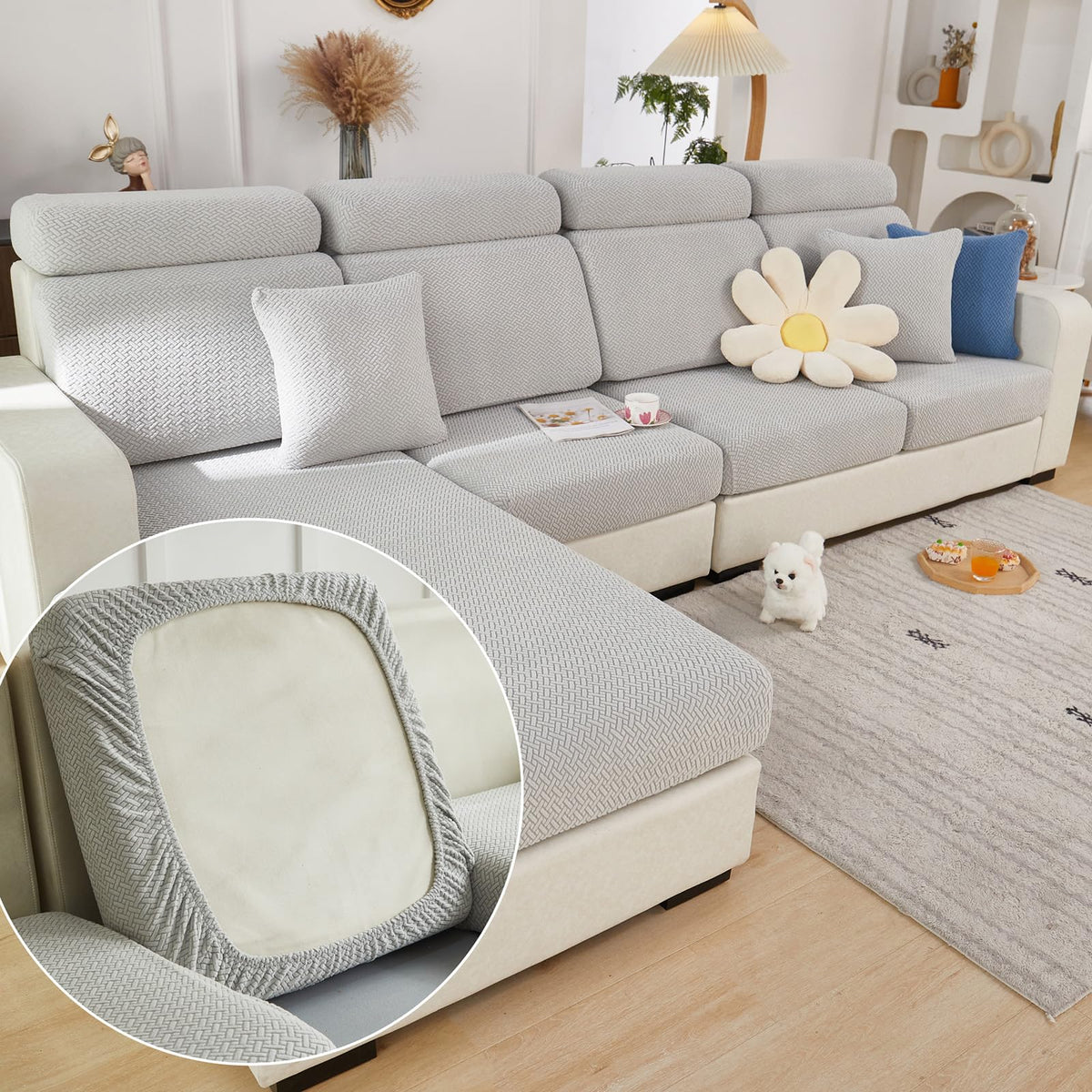Yoovat front view of light gray cushion cover showcasing fitted look and modern style