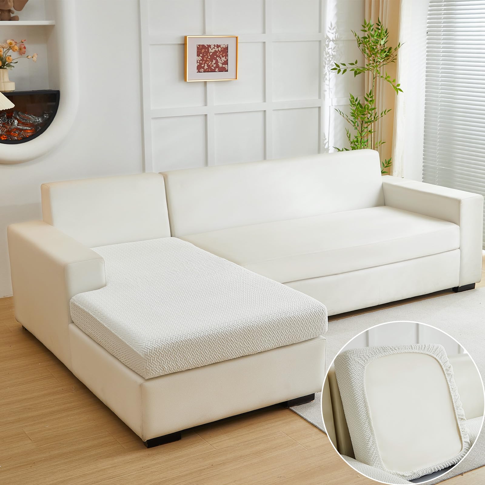 Yoovat front view of cream chaise cover showing neat fit and protection