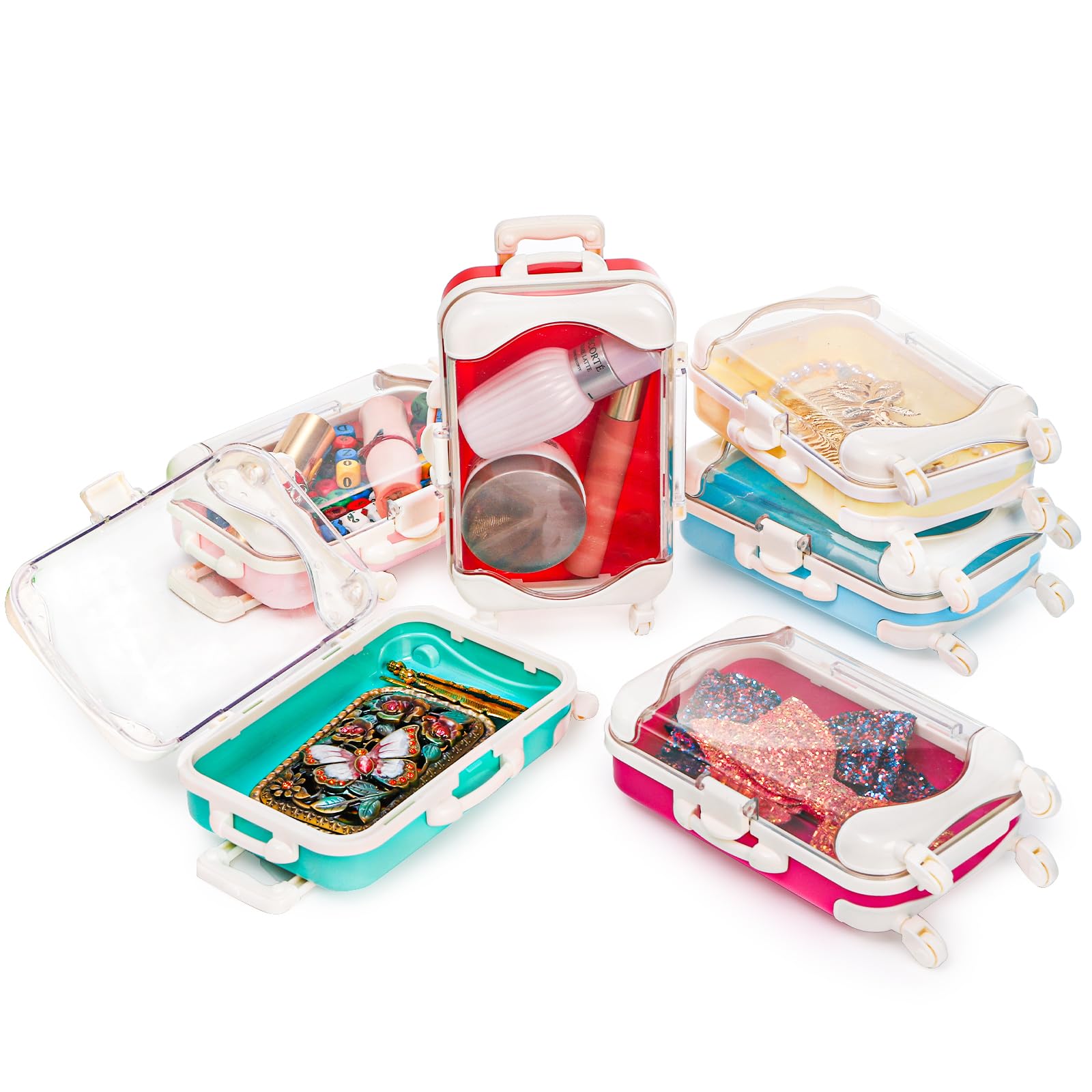 Yopay colorful mini suitcases aligned to show six hues, perfect for themed party coordination