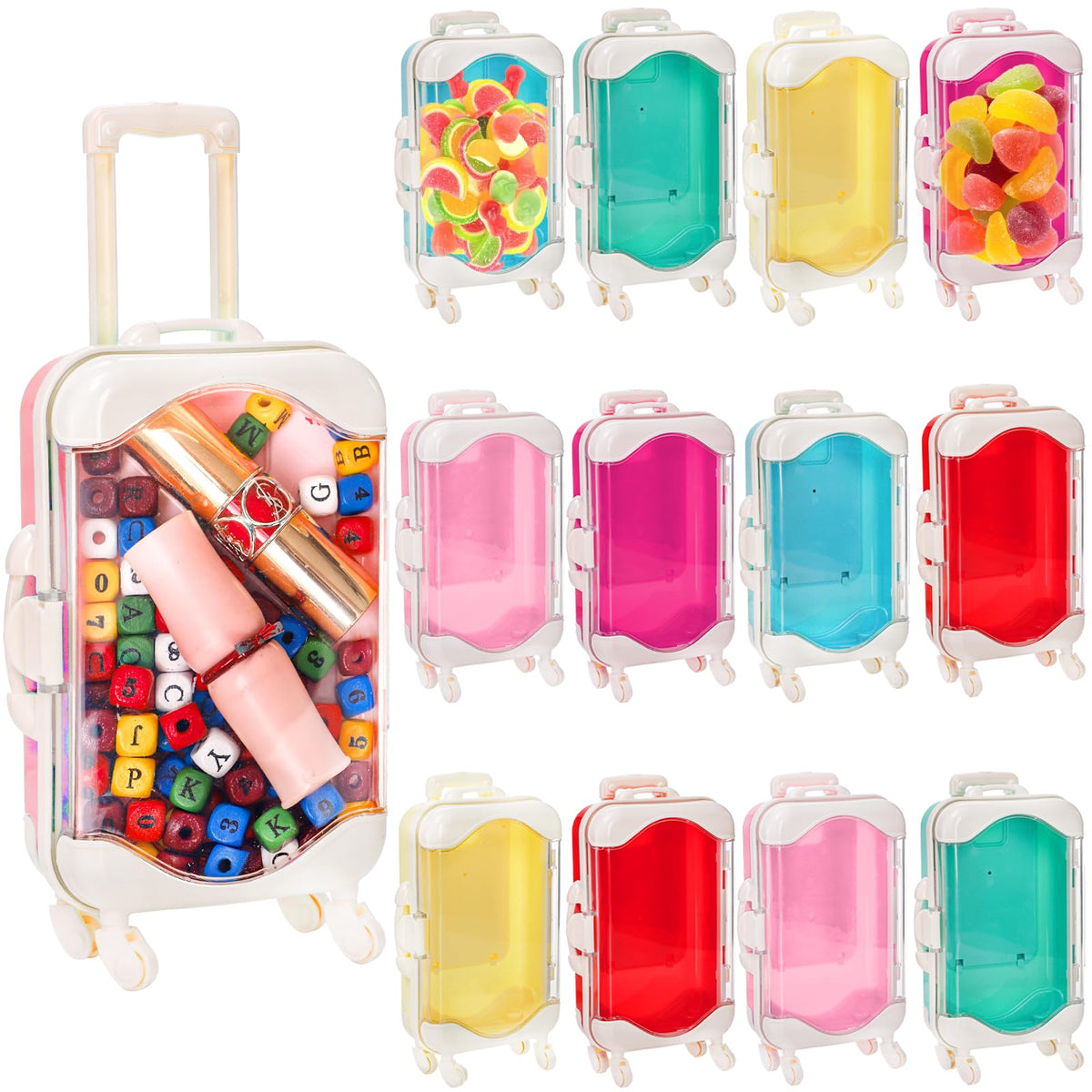 Yopay front view of closed mini suitcase pack showing bright colors and compact size benefits