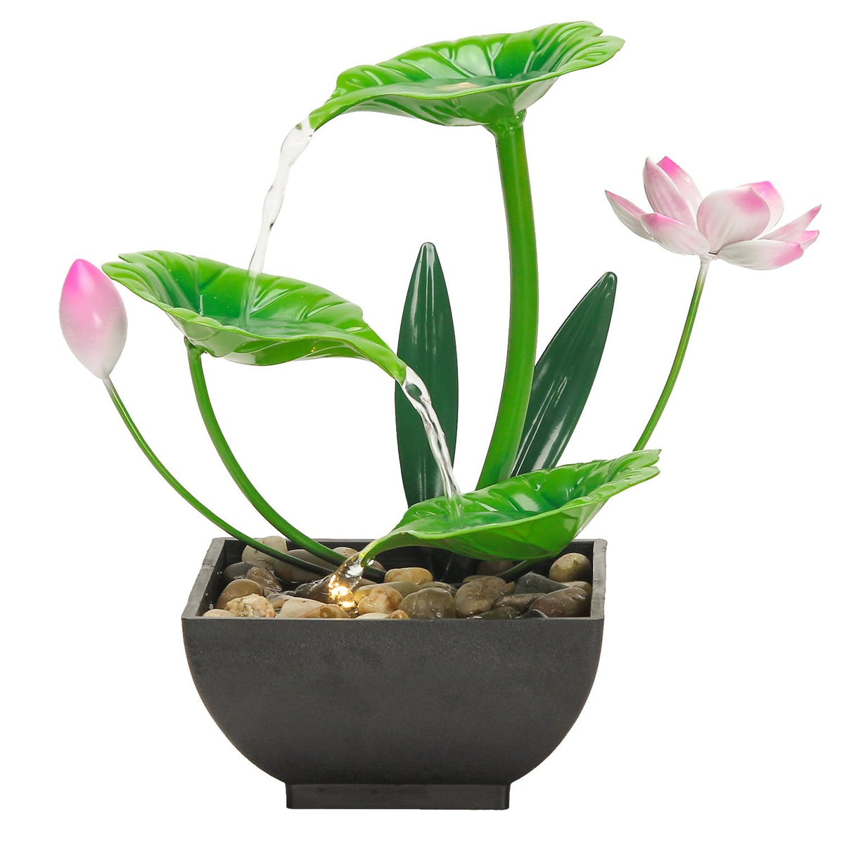 YOQUATE front view lotus fountain showing calming waterfall benefit