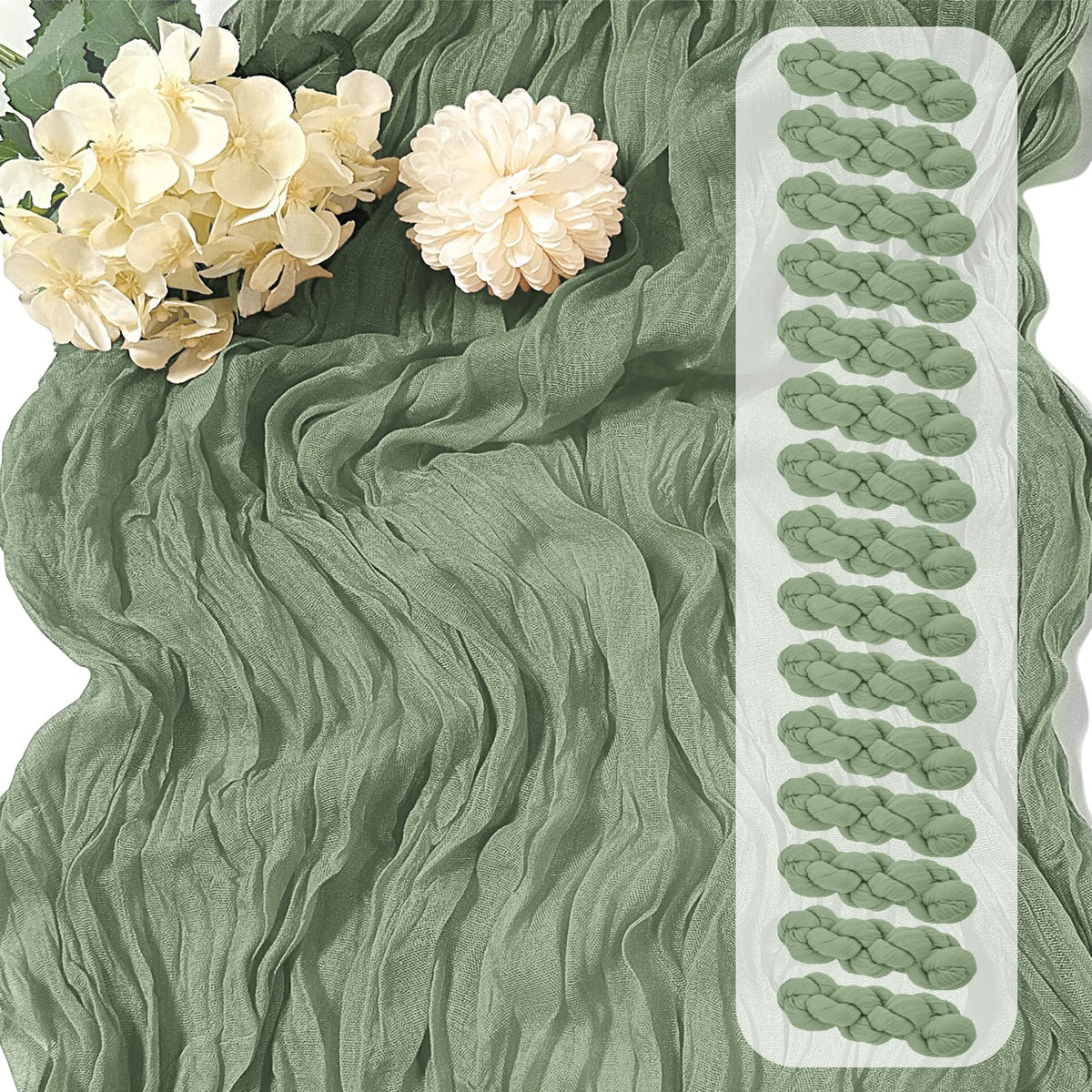 Yorcari front view of sage green table runner showing full length and drape for elegant tables
