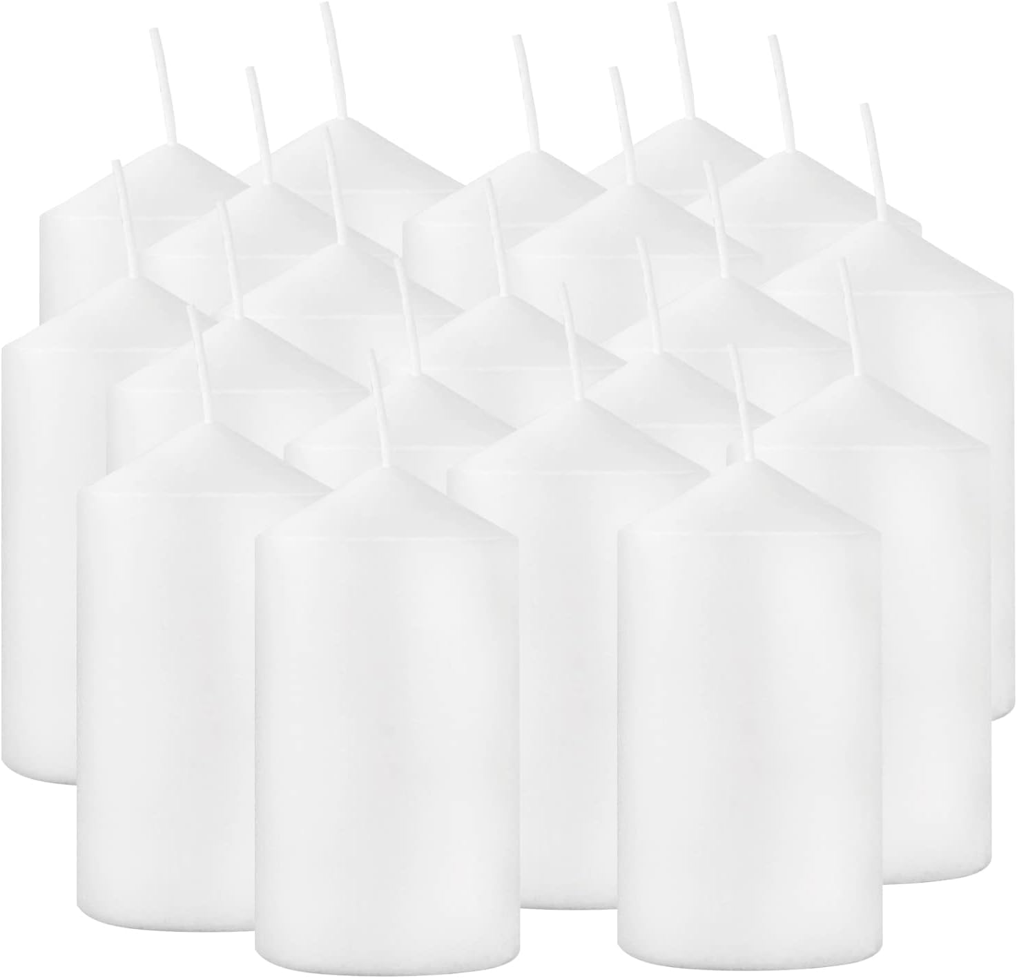 YOROXRG front view of 20 white pillar candles showing bulk value and clean look