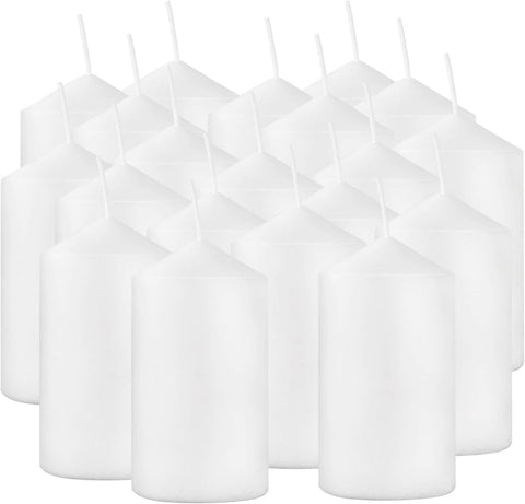 YOROXRG front view of 20 white pillar candles showing bulk value and clean look