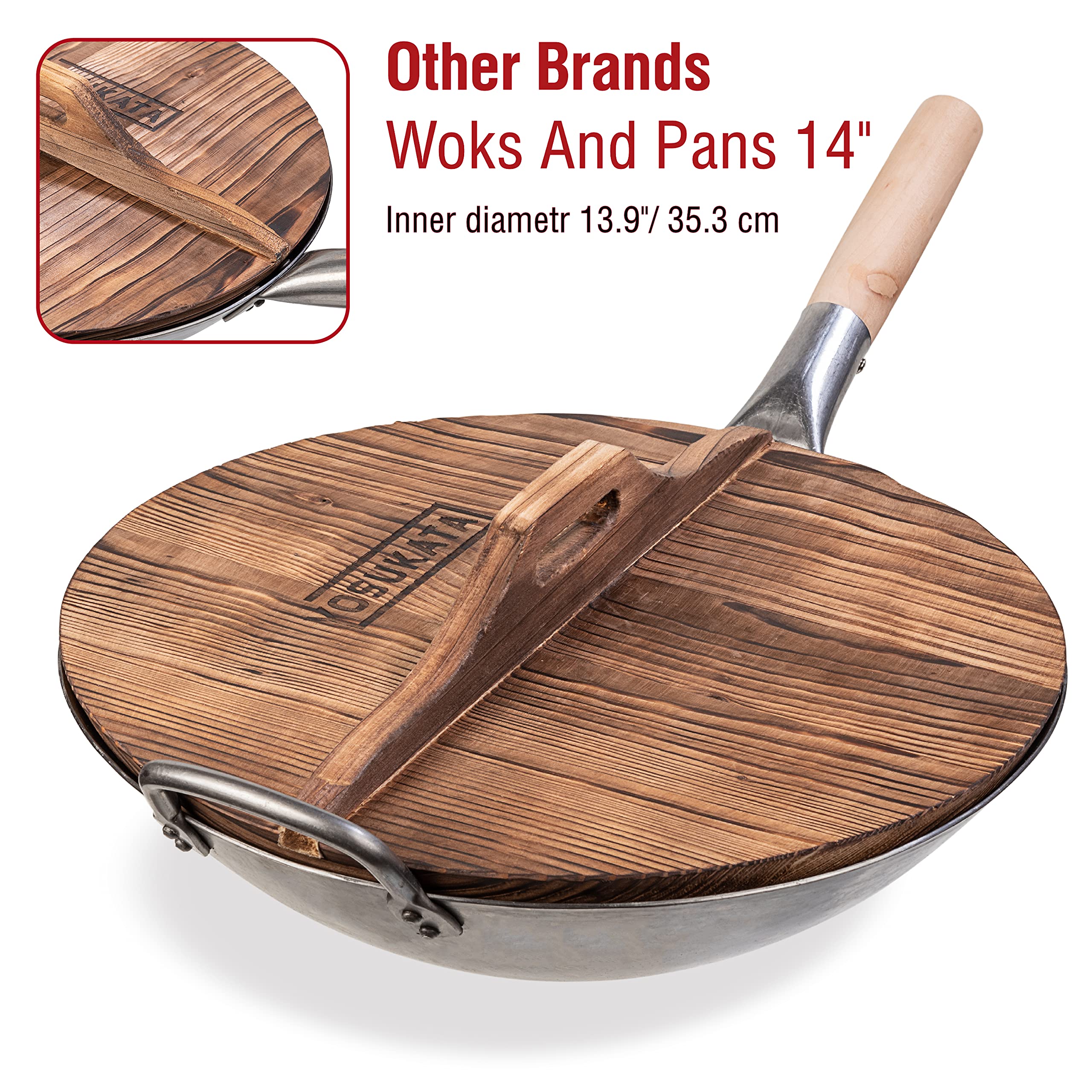 YOSUKATA lid size comparison next to wok illustrating 14 inch coverage