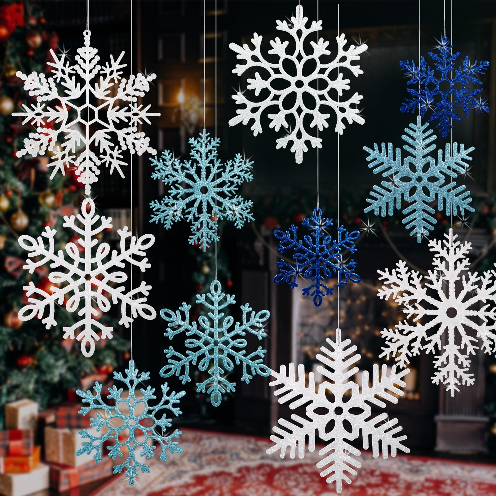 YOTNUS front view of full 12-piece snowflake set, instant holiday upgrade