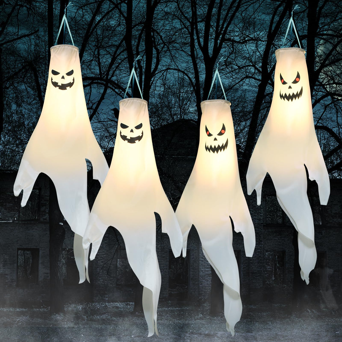 YOTNUS ghost windsock front view showing spooky design and outdoor-ready look