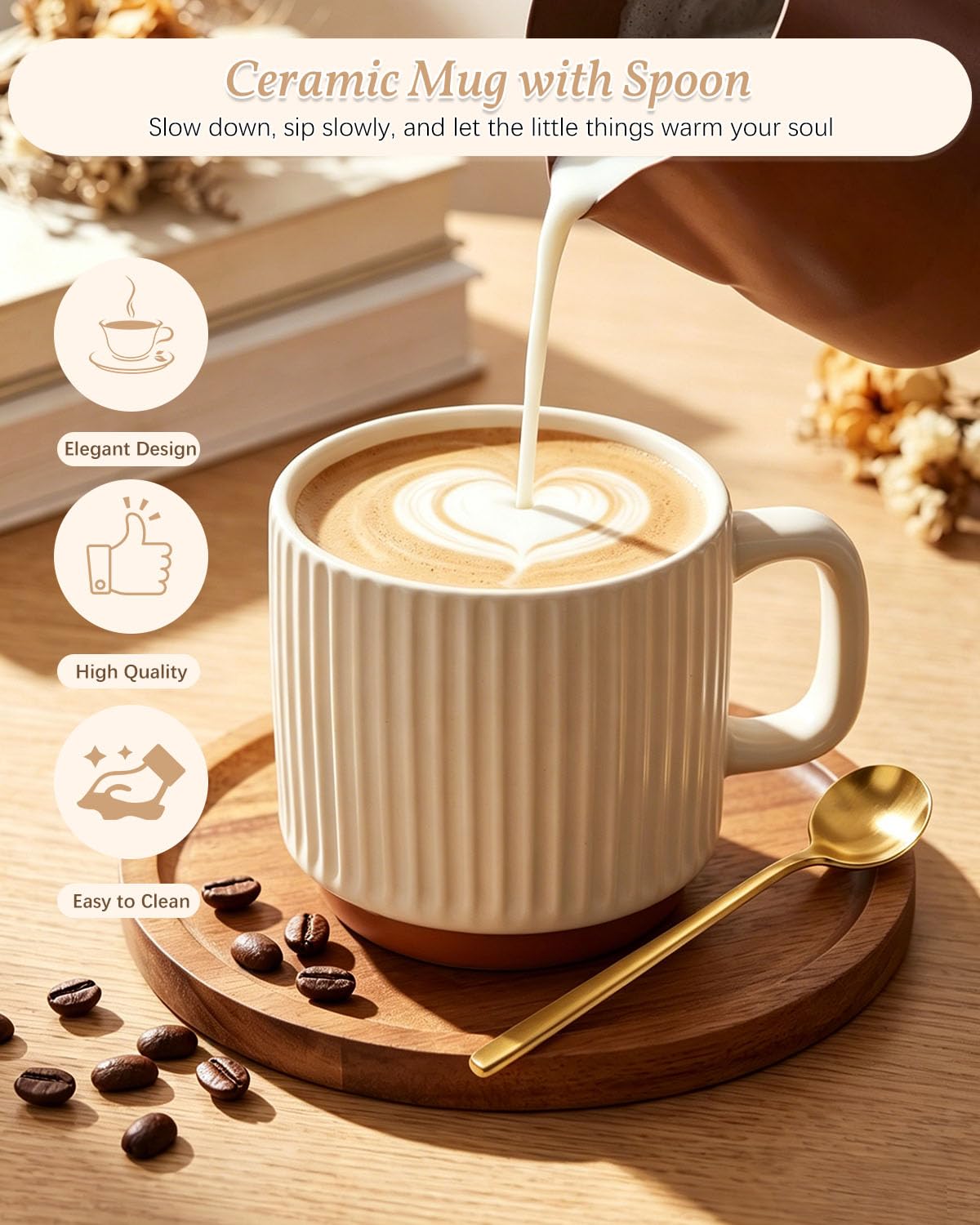 YOTOCK ceramic mug with spoon ready for warm drinks to soothe during recovery