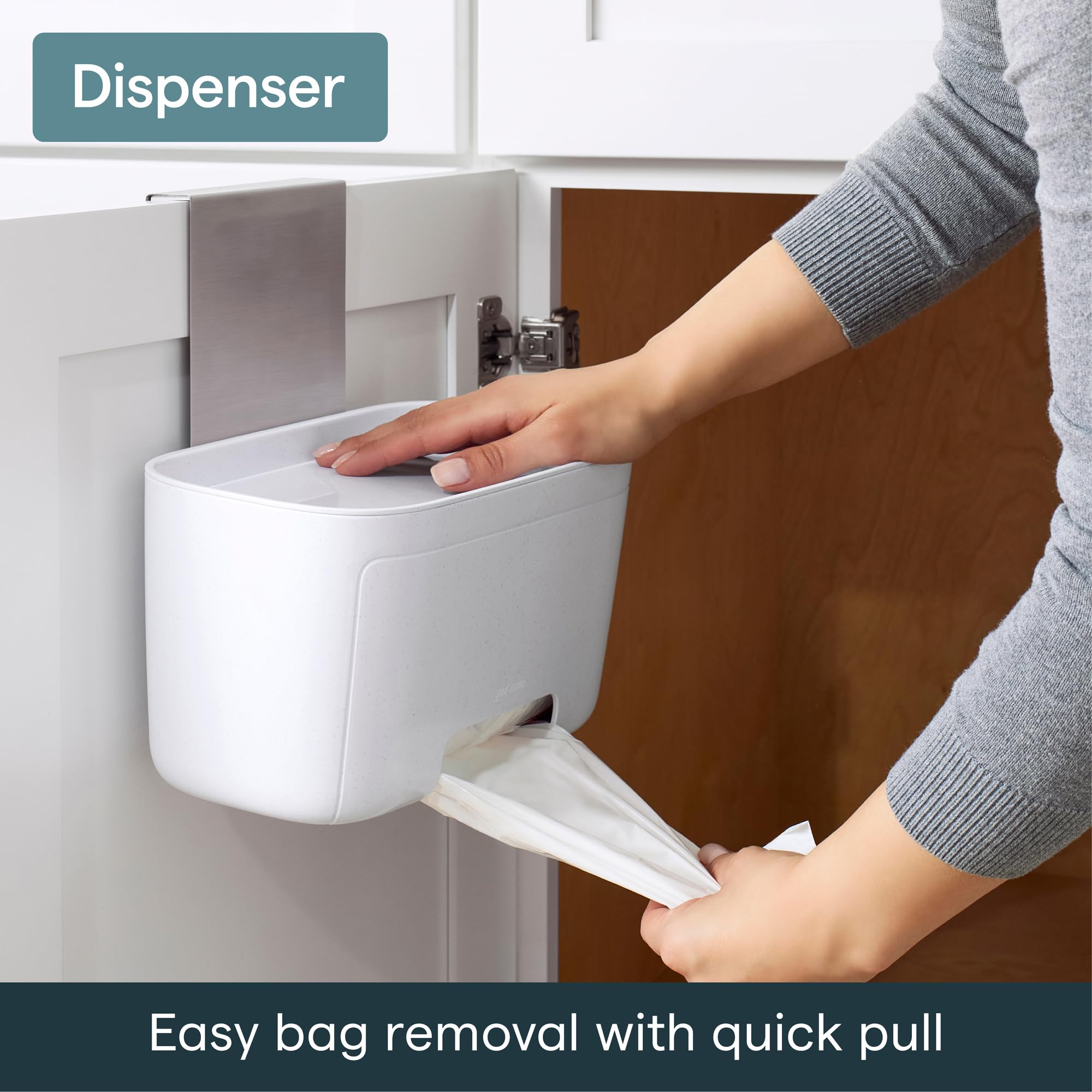 YouCopia DoorStash dispensing a single bag for quick one-handed cleanup