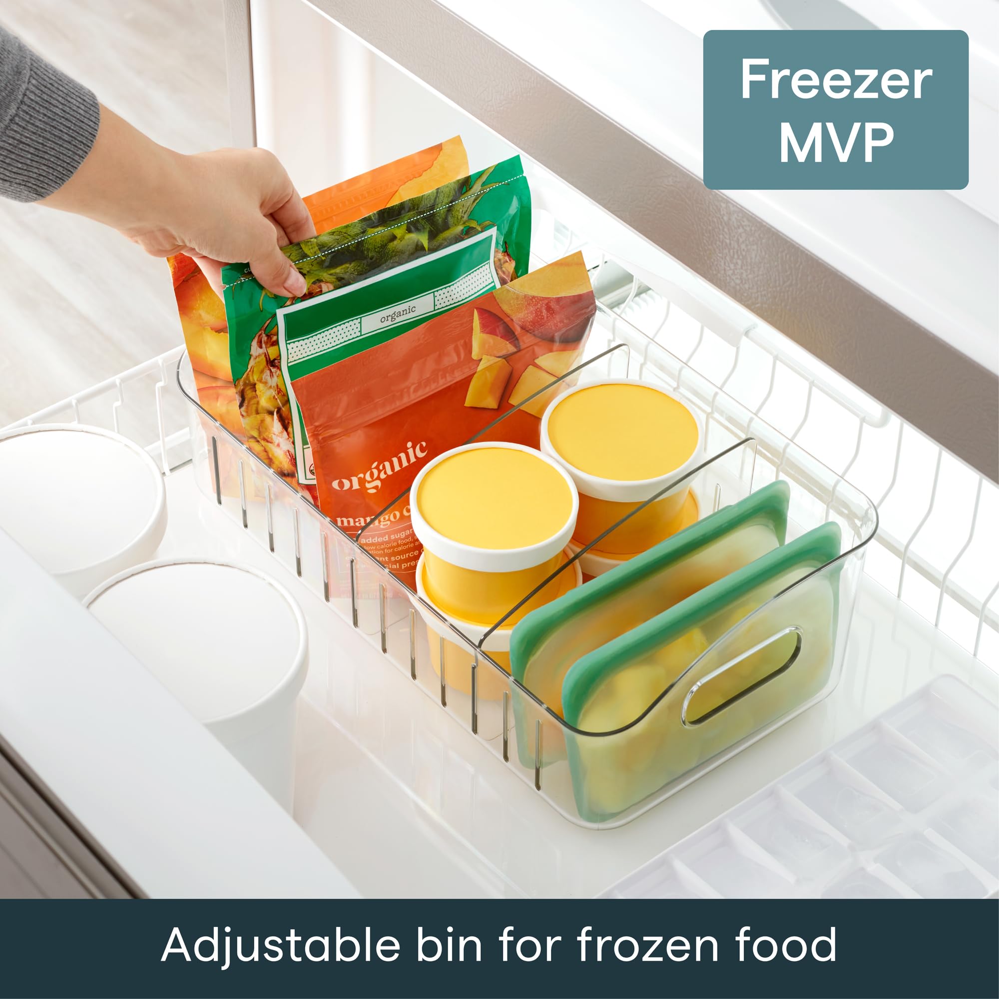 YouCopia FreezeUp angled in freezer demonstrating neat organized storage benefit