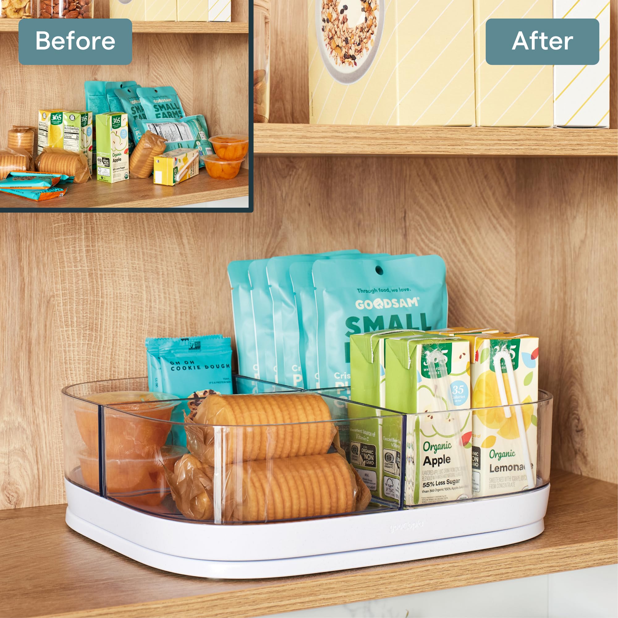 YouCopia beside common pantry items showing scale and increased storage capacity
