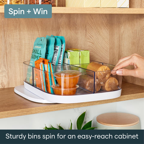 YouCopia overhead view with four clear bins showing sorted snacks and bottles benefit
