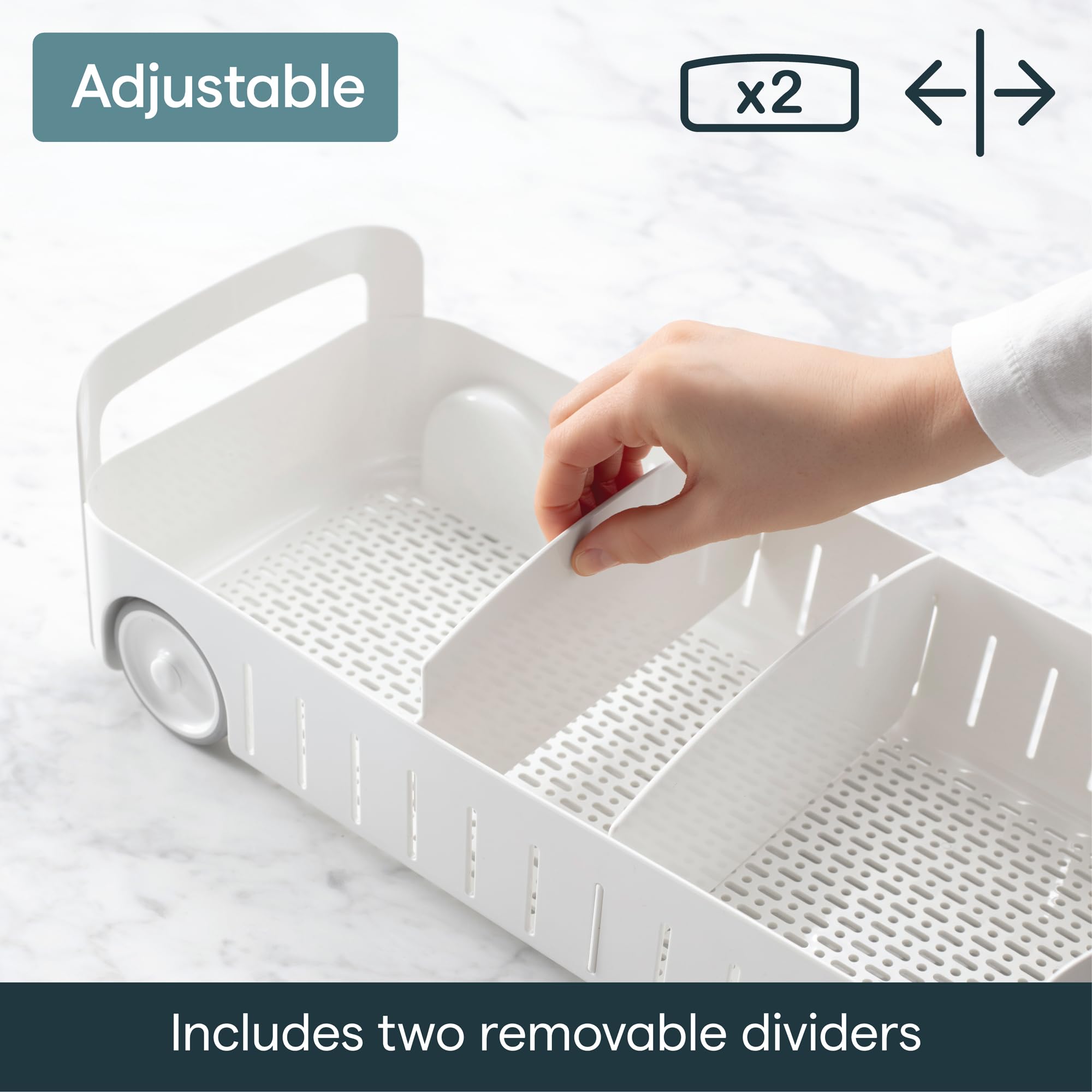 YouCopia adjustable dividers arranged to keep bottles upright and separated