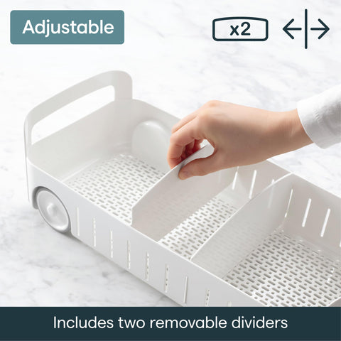 YouCopia adjustable dividers arranged to keep bottles upright and separated