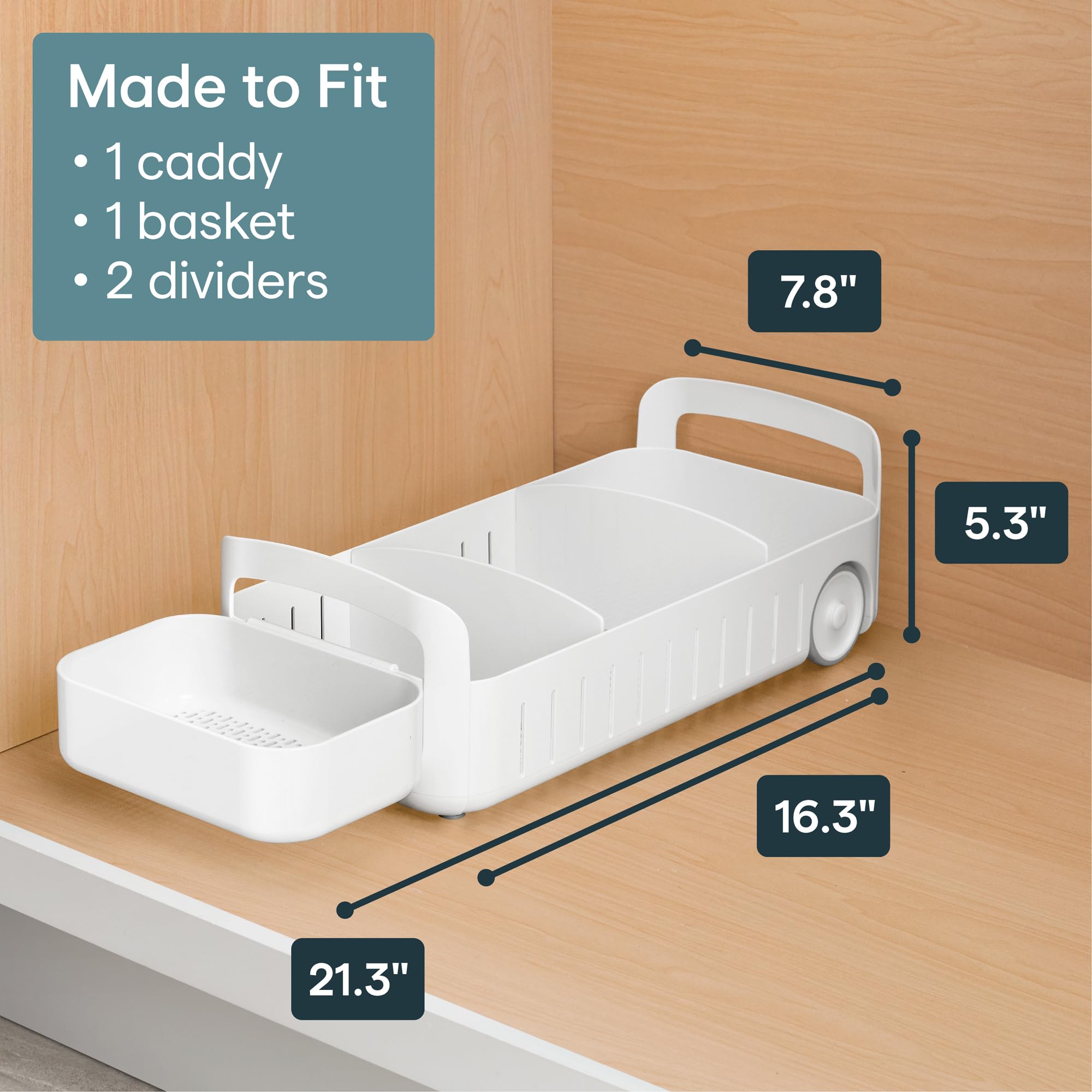 YouCopia removable basket hanging off the caddy for extra small-item storage