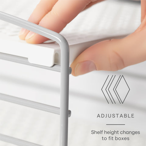 YouCopia shelf adjustment detail demonstrating flexible height for oversized boxes
