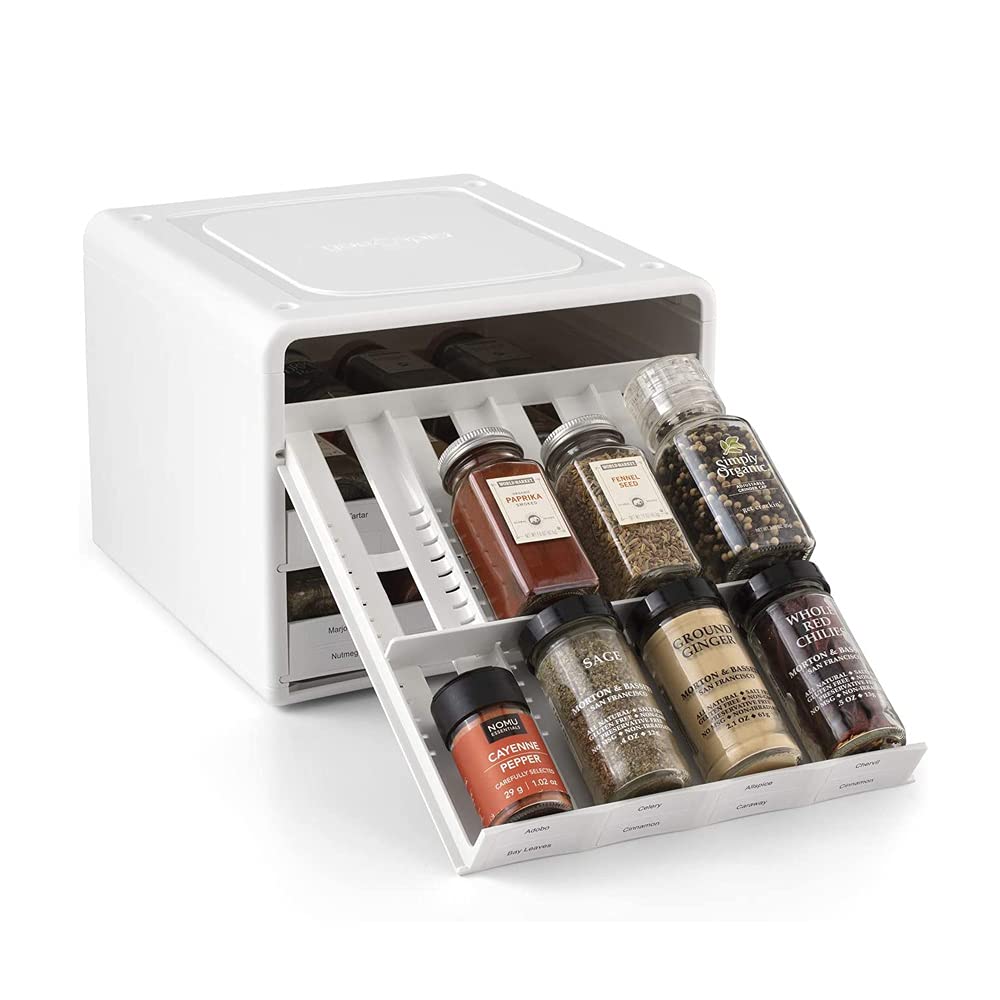 YouCopia SpiceStack front view showing organized bottles and easy access benefit