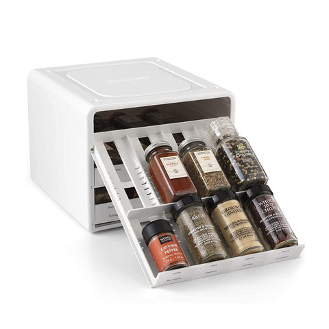 YouCopia SpiceStack front view showing organized bottles and easy access benefit
