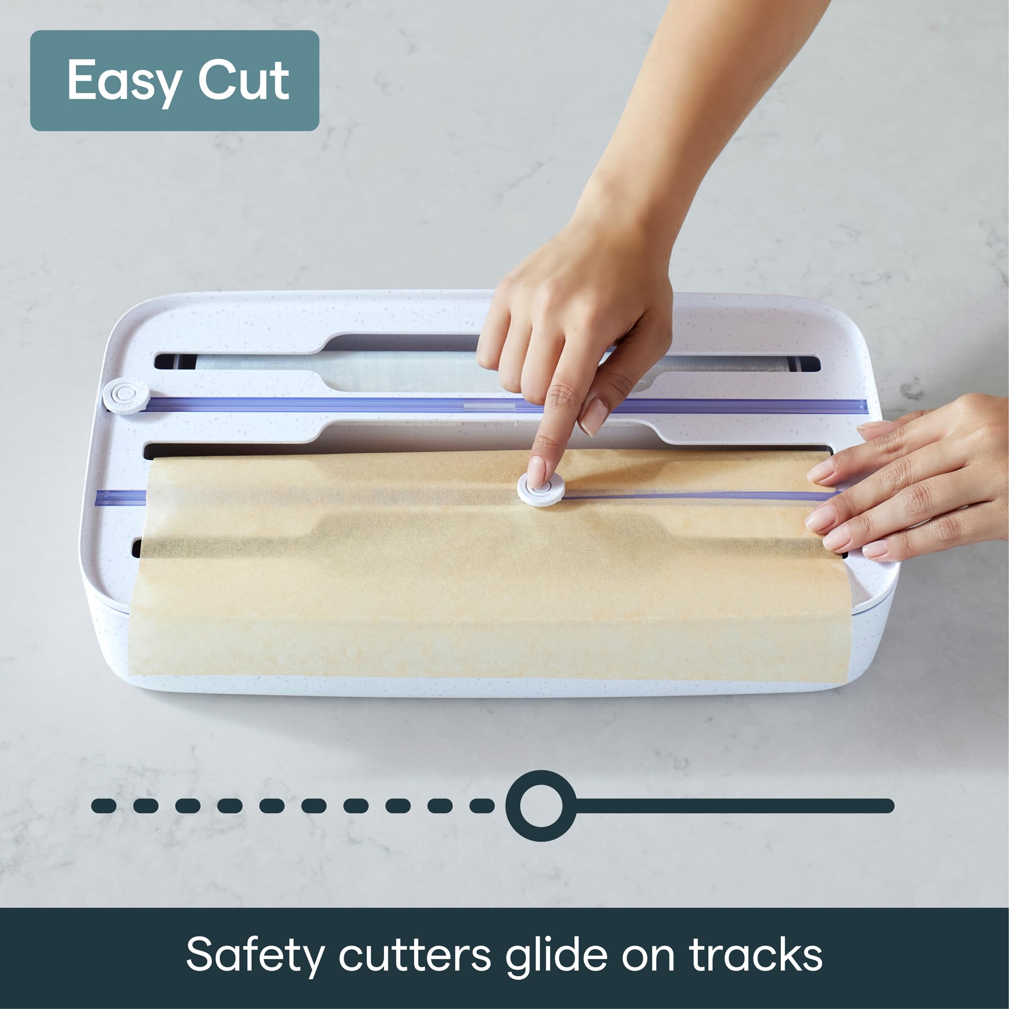 YouCopia StoraRoll dual slide cutters highlighting safety and precise cuts