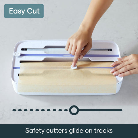 YouCopia StoraRoll dual slide cutters highlighting safety and precise cuts