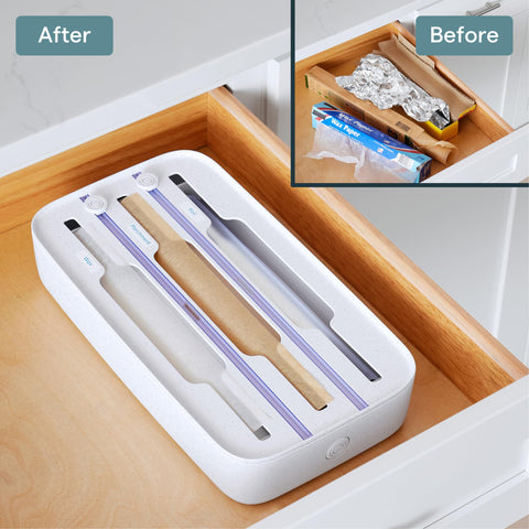 YouCopia StoraRoll installed in a drawer offering space-saving organization