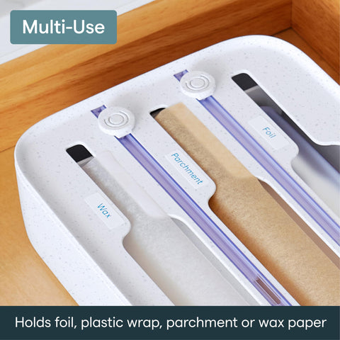 YouCopia StoraRoll loaded with three rolls for immediate multi-wrap convenience