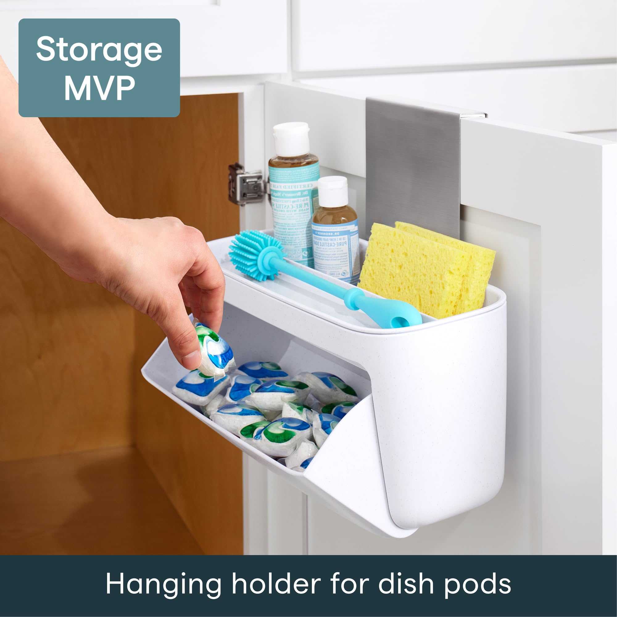 YouCopia top tray close-up holding sponge and brush for extra storage
