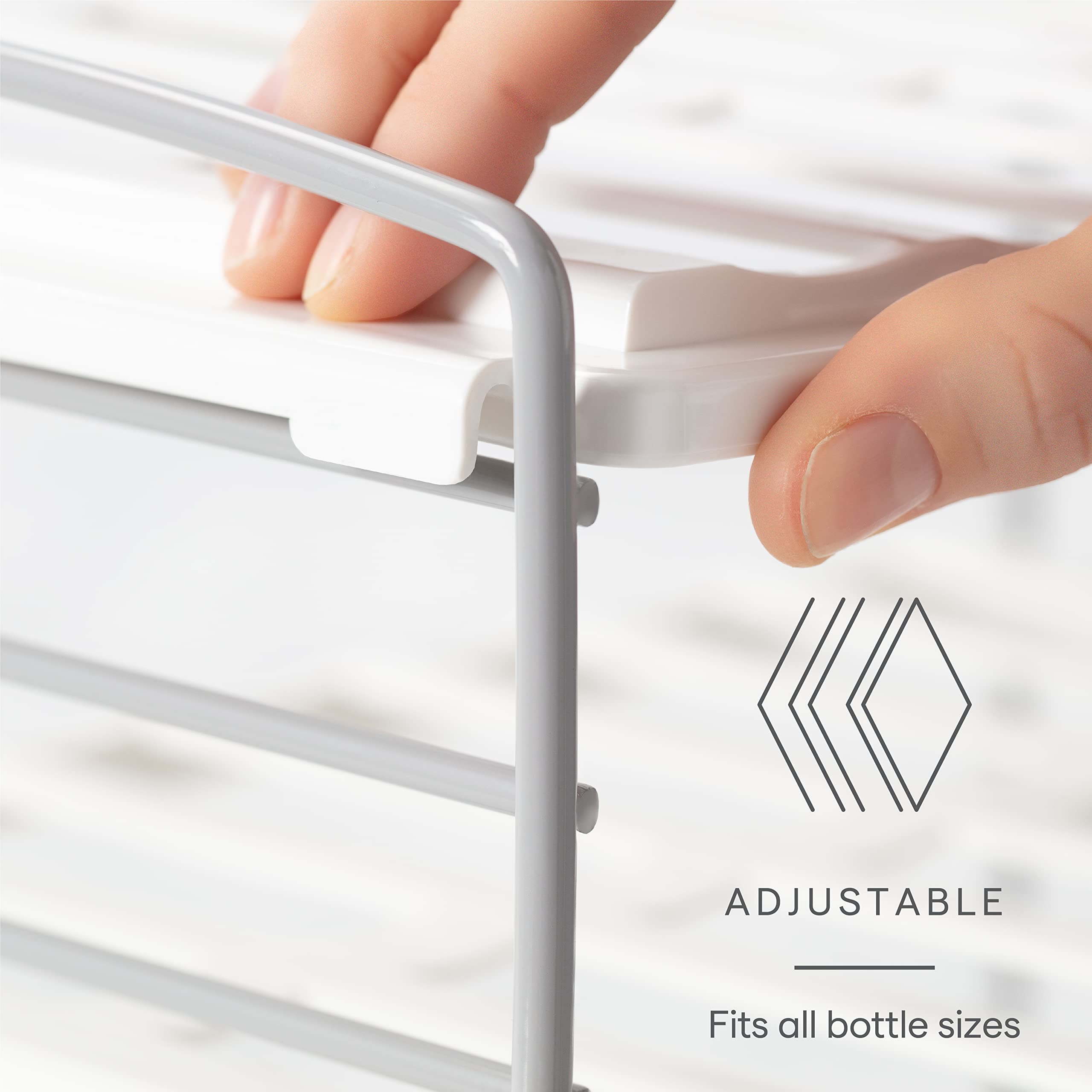 YouCopia UpSpace close-up of scalloped shelf grooves securing bottles