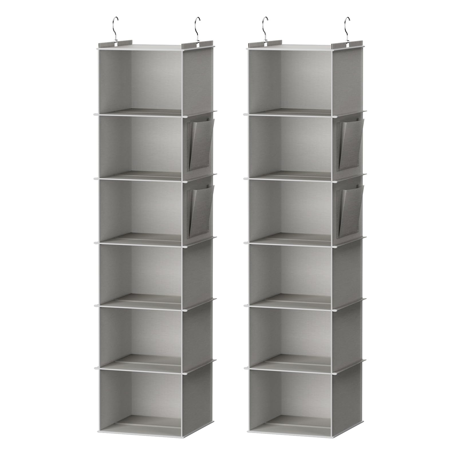 YOUDENOVA front view of 6-shelf hanging organizer showing light grey fabric and two-pack convenience