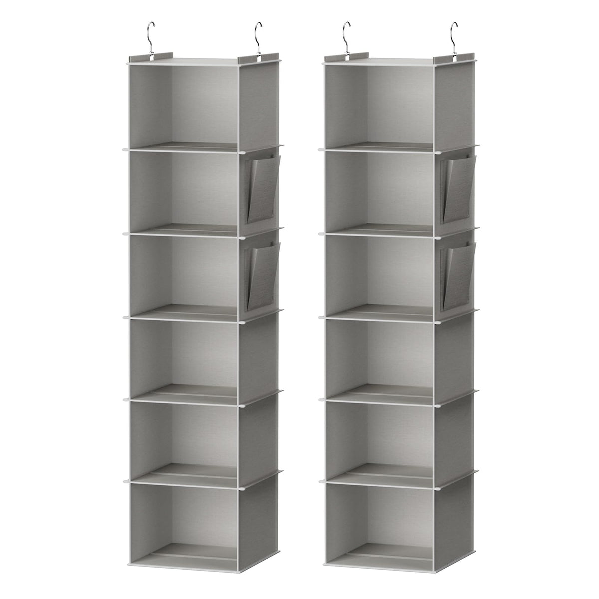YOUDENOVA front view of 6-shelf hanging organizer showing light grey fabric and two-pack convenience