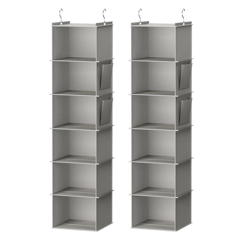 YOUDENOVA front view of 6-shelf hanging organizer showing light grey fabric and two-pack convenience