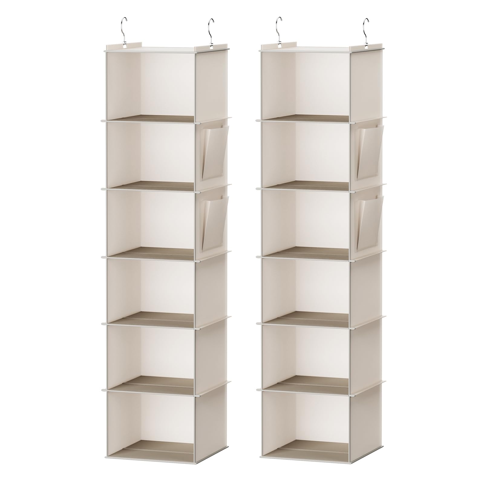 YOUDENOVA front view showing two beige 6-shelf organizers and neat storage benefit