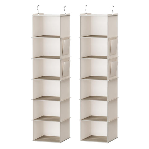 YOUDENOVA front view showing two beige 6-shelf organizers and neat storage benefit