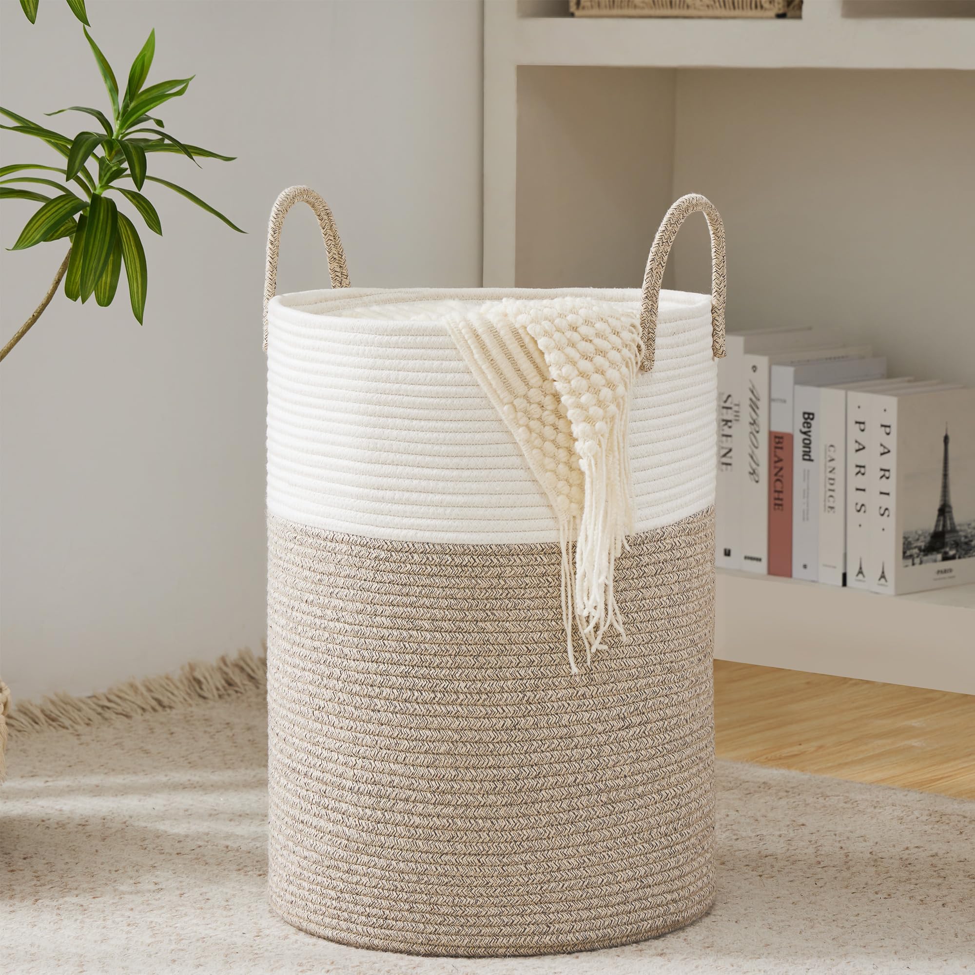 YOUDENOVA front view showing tall brown cotton hamper for neat storage