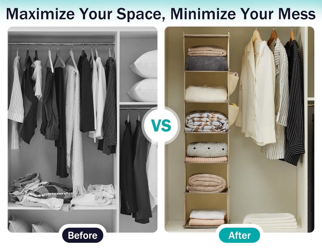 YOUDENOVA installed in bedroom closet showing tidy aesthetic and decluttering benefit