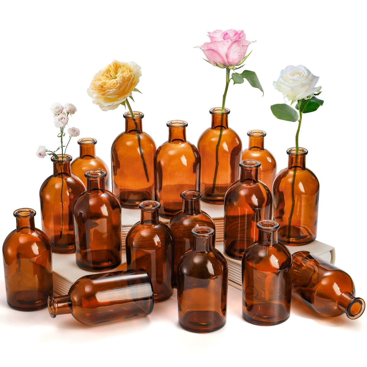 YOUEON amber bud vases front pack showing 16 bottles for event-ready decor