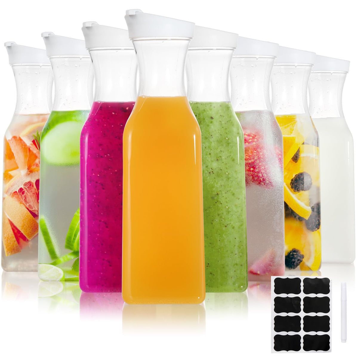 youeon clear carafes front view showing eight pitchers and lids for organized serving