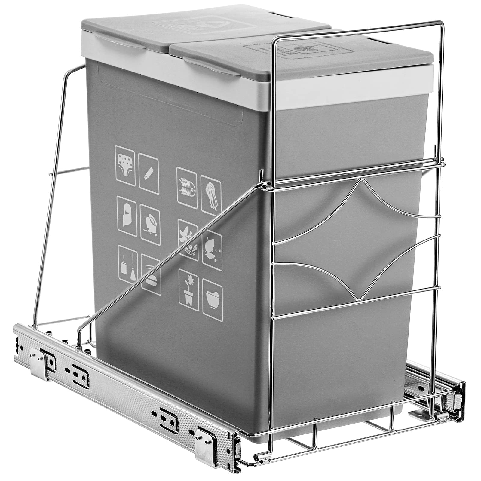 Youeon front view of pull-out trash rack showing neat hidden storage benefit
