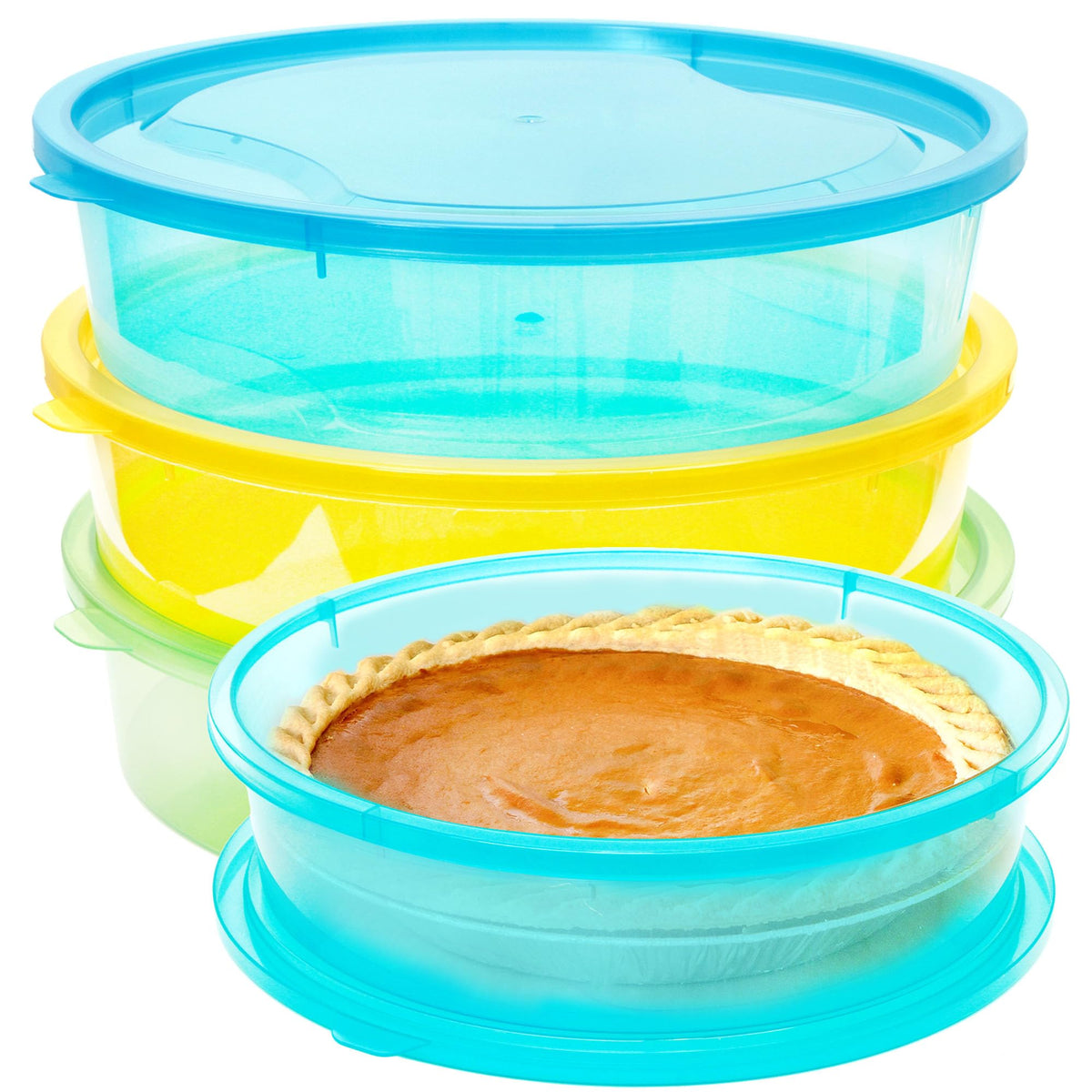 Youngever front view of three colorful pie containers shows protective lids and easy storage benefit